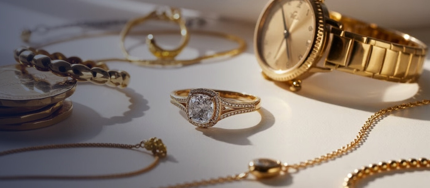 Gold jewelry, diamond ring, and luxury watch being appraised at ChronoStore NYC